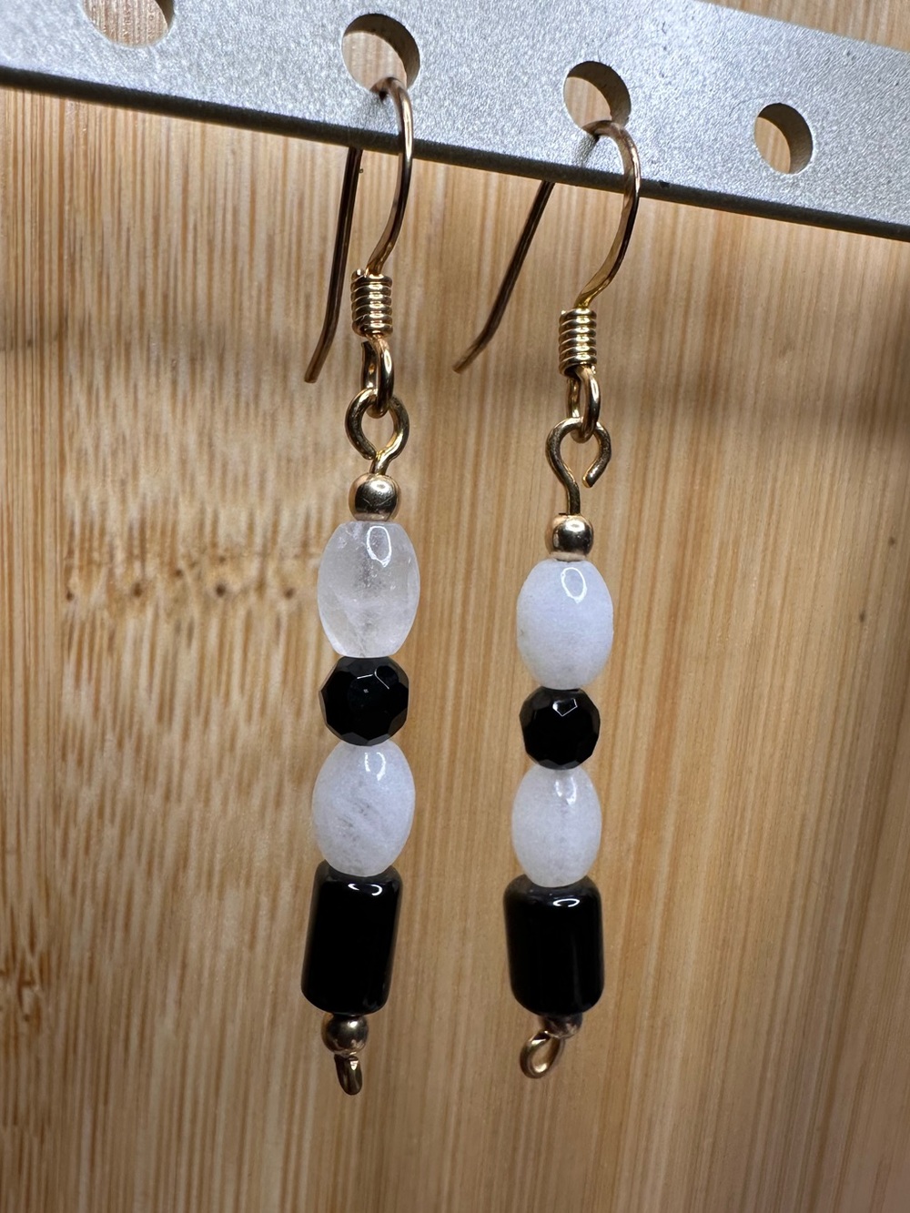Handcrafted Black Onyx & White Jade Beaded Dangle Earrings and Gold Filled Hooks
